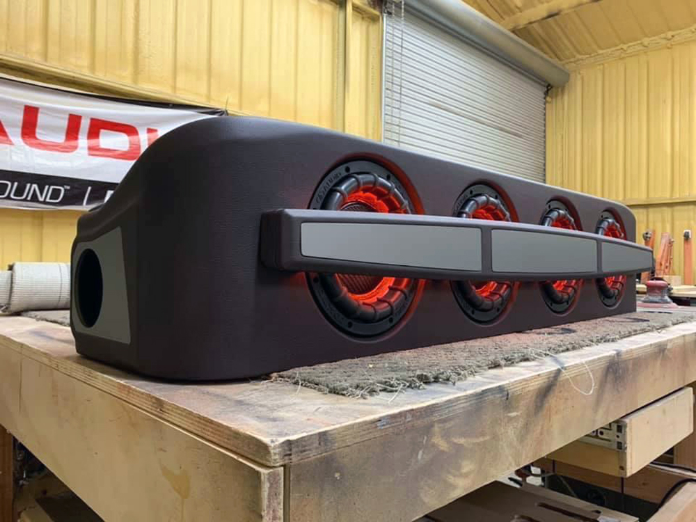 Photo of custom loaded enclosures made by Pyramid Customs with DD subs
