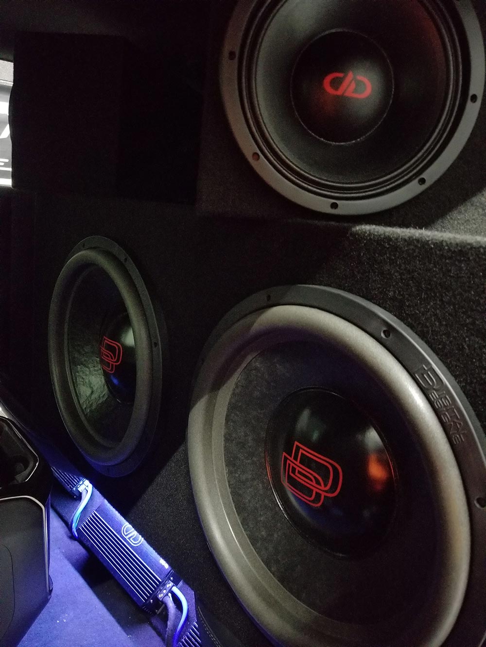 Photo of DD subs in custom enclosure in Shazam's shop