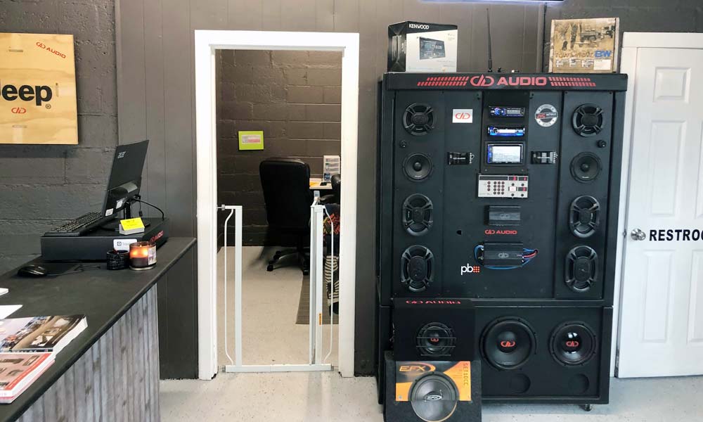 Hook it up shop interior with custom speaker display