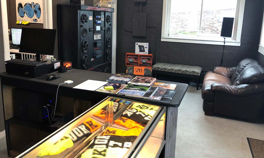 Hook it up shop interior with custom speaker display